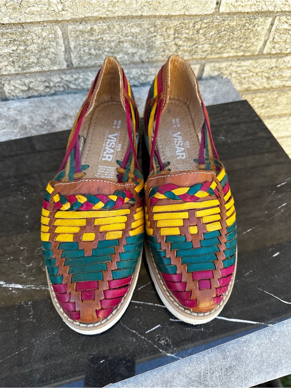 Visar leather Multicolor Braided Huarache Flats - Yellow, Teal & Magenta size 9